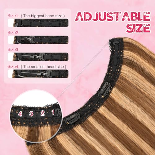 Halo Hair Extensions Real Human Hair, MY-LADY Adjustable Halo Extensions Real Human Hair, 22 inch Blonde Women's Long Wavy Hair Invisible Wire Hair Extensions Thick End(100g)