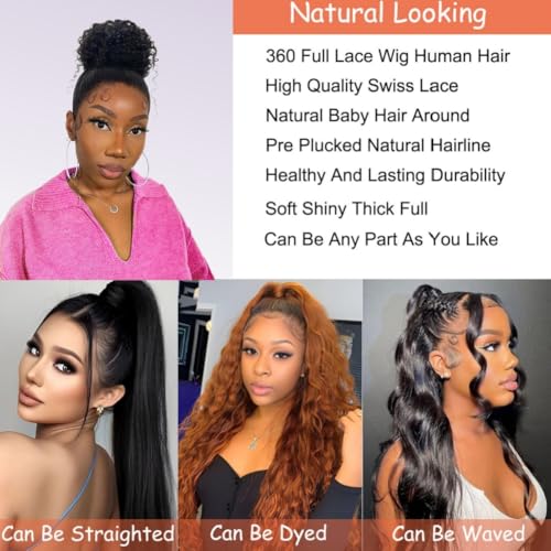 360 Full Lace Wigs Human Hair Deep Wave 360 HD Full Lace Wigs Human Hair Pre Plucked Wet and Wavy Human Hair Wig 360 Deep Wave Ponytail Curly Wig 360 Frontal Wig with Baby Hair Natural Color 28 inch