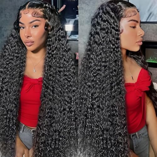 13x6 Deep Wave Lace Front Wigs Human Hair 200% Density HD Lace Frontal Wigs 12A Glueless Curly Wigs Human Hair Pre Plucked with Baby Hair Wet And Wavy Wigs for Black Women Natural Black 30 inch