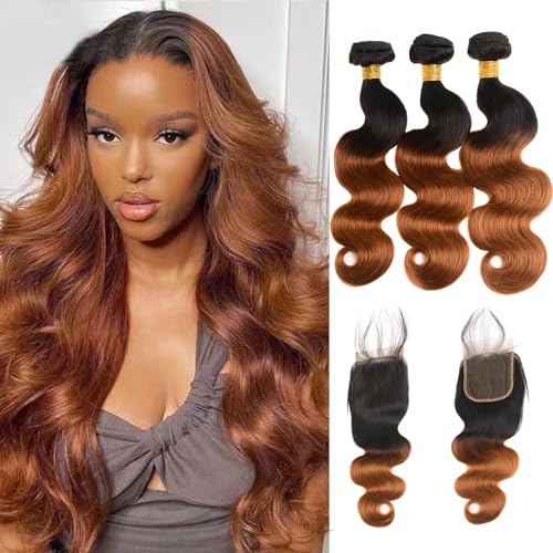 Ombre Human Hair Bundles with Closure Body Wave 3 Bundles 1B/30 Brazilian Virgin Human Hair Two-tone Dark Root with 4x4 Lace Closure(T1B/30, 22 24 26 + 20)