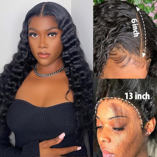 Bling Hair 13x6 Deep Wave Lace Front Wigs Human Hair 180% Density Glueless Wigs Pre Plucked Lace Frontal Wigs Human Hair HD Lace Frontal Wigs Natural Hairline Curly Wig for Women 34 Inch