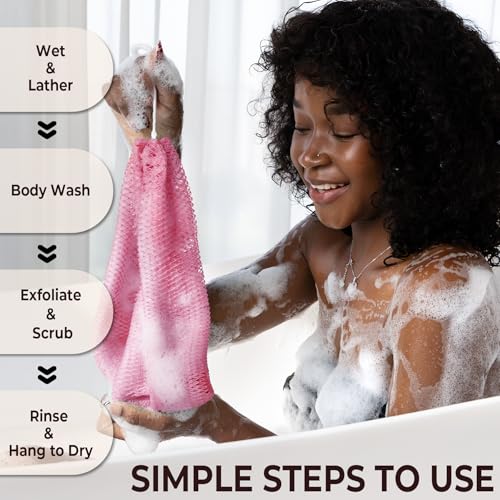 African Exfoliating Net Sponge Authentic - Real African Bath Sponge with Knots and Ropes - Back Scrubber Exfoliator Washer Cloth with Travel Bag - Body Shower Skin Care Essentials for Daily Use