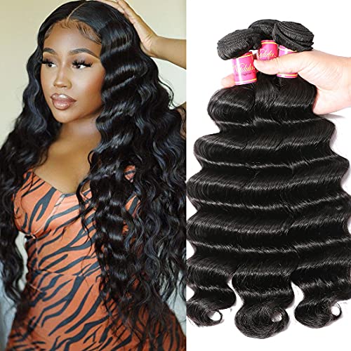 Nadula Brazilian Loose Deep Wave Hair 3 Bundles Human Hair, Unprocessed Virgin Loose Deep Hair Weave Extension Natural Color (16 18 20)