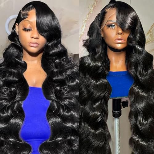 sterly 28 Inch 13x6 Lace Front Wigs Human Hair 250% Density HD Body Wave Lace Front Wigs Pre Plucked Wigs Human Hair for Women Gluless Wigs with Baby Hair #1 Jet Black