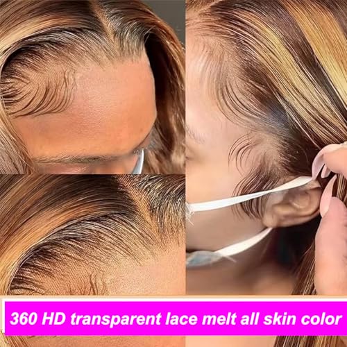 Highlight 360 Body Wave Lace Front Wigs Human Hair, 250 Density Ombre Honey Blonde Lace Front Wigs for Women, 4/27 Glueless 360 HD Lace Frontal Wig 26 Inch, Gifts for Birthday, Travel, Party