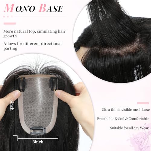 Fine Plus 16Inch Hair Toppers for Women Real Human Hair ? Mono Base 3"x5", Natural Black Virgin Quality, for Thinning Crown & Wide Parting, Lightweight & Breathable, Add Volume Can Be Curled