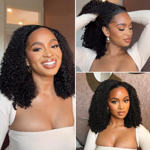 Kinky Curly Half Wig Human Hair 3 in 1 Glueless Wear And Go Human Hair Half Wigs For Women Seamless Flip Over Drawstring Headband Wig 180% Density Beginner Friendly 1B 26inch