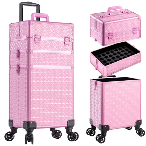 3 in 1 Rolling Makeup Train Case Professional Large Cosmetic Trolley Cosmetology Case on Wheels Traveling Cart Trunk for Hairstylist Artist Nail Beauty Salon Barber, Pink