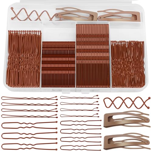 Bobby Pins Set Brown ? Hair Kit with U Shape Pins, Spiral Pin & Snap Clips, for Women & Girls, Ideal for Buns, Updos, Weddings & Parties