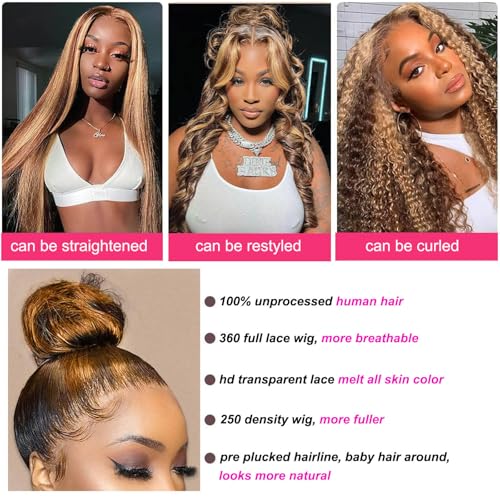 Highlight 360 Body Wave Lace Front Wigs Human Hair, 250 Density Ombre Honey Blonde Lace Front Wigs for Women, 4/27 Glueless 360 HD Lace Frontal Wig 26 Inch, Gifts for Birthday, Travel, Party