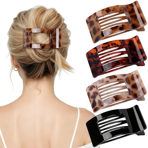 4 PCS Flat Hair Clips for Women - Stylish French Lay Down Flat Claw Clips for Thick Thin Hair, Comfortable Curved Large Flat Clips, Leopard Print Non-Slip Strong Hold Hair Accessories, Tortoise