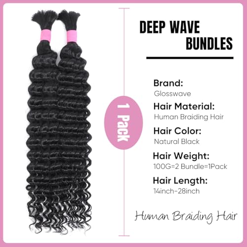 Human Braiding Hair for Boho Braids 20 Inch 2 Bundles 100g Deep Wave Bulk Hair 12A Virgin Curly for Knotless Braids (Natural Color)