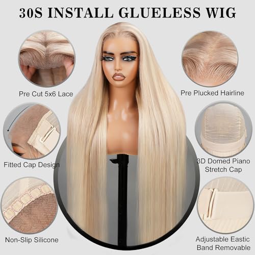 6x5 Wear And Go Glueless Wigs Human Hair P10/613 Lace Front Wig Human Hair Blonde Lace Front Wig 220% Density Highlight HD Lace Pre Plucked (22inch)
