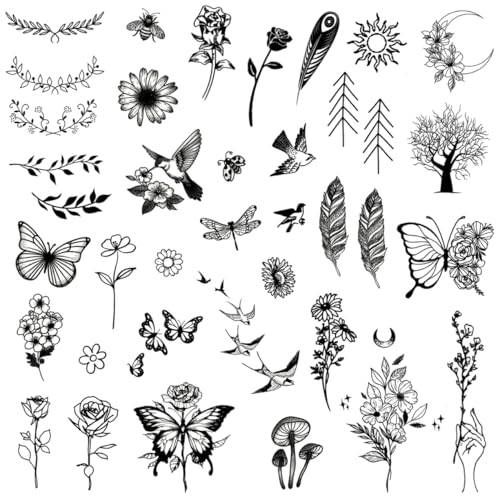 One Grace Mini Nature Temporary Tattoos - Realistic Long Lasting Waterproof Tiny Tattoos - Black and White Butterflies Bird Flower Rose Tree Branch Boho Small Tattoos for Women and Men