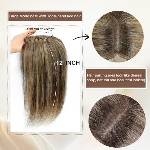 Hair Toppers with Thinning Hair 100% Real Human Topper for Women 12 inch Medium Brown Mix blonde Hairpieces for Women 120% Density top toppers Hairpieces for Thinninghair#427