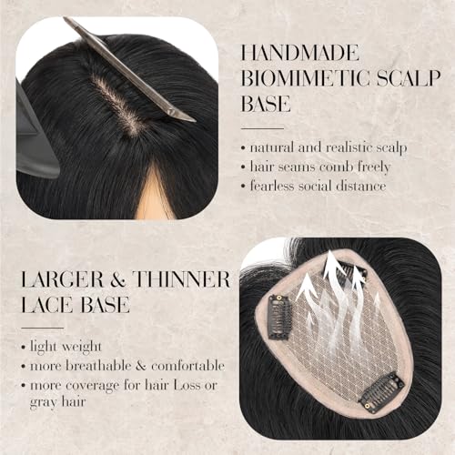S-noilite Hair Toppers for Women Real Human Hair, 100% Human Hair Toppers for Thin Hair,3.5"*4.7" Handmade Nature-mimicking Scalp Base 10¡± Jet Black