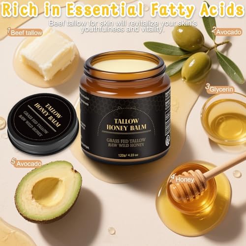 IIIMEIDU Beef Tallow for Skin, Tallow and Honey Balm for Face Moisturizer Balm, 100% Natural Organic Grass-Fed Beef, Honey, Vitamin E Oil for Body & Face (4.2 Oz, honey/balm)