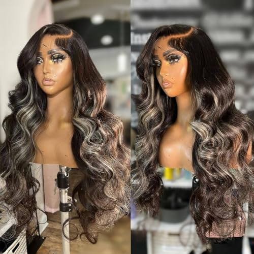13x6 Ombre Black to Balayage Highlights Lace Front Human Hair Wig 210% Density Loose Body Wave Black to Ash Blonde Highlight Tone Wig Custom Hd Lace Wig Pre Plucked for Any Occasions 26Inch