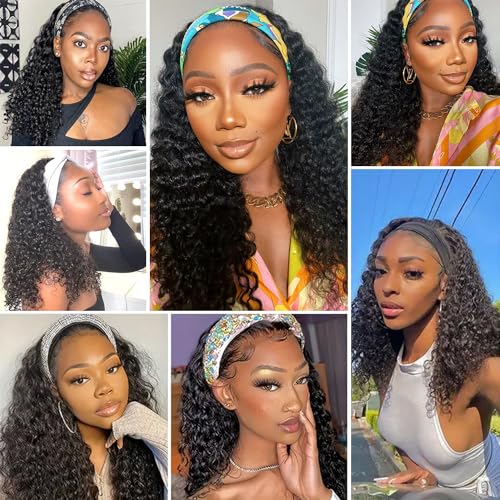 Headband Wig Deep Wave Human Hair Wigs Virgin Hair Brazilian Remy Hair Glueless Non Lace Front Wig for Black Women Wear and Go Wigs Deep Curly Wave Headband Wig (30 Inch, Natural Color)