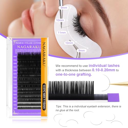 NAGARAKU 5 Trays Eyelash Extensions 0.03mm D curl 7-15mm Mix Tray Individual Lashes Classic Matte Black Faux Mink 16 Rows Professional Beauty Salon Supplies - Purple Card