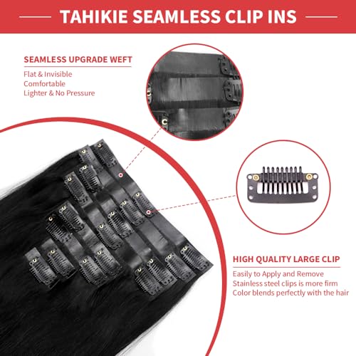 Seamless Clip in Hair Extensions Real Human Hair Full Head Natural Black PU Seamless Hair Extensions Straight 8pcs 120g Clip ins 100% Remy Human Hair Extensions For Women (26 inch, #1B)