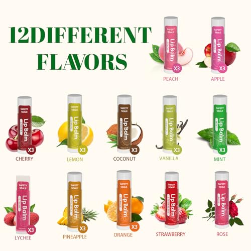 Yopela 36 Pack Natural Lip Balm Bulk with Vitamin E and Coconut Oil - Moisturizing, Soothing, and Repairing Dry and Chapped Lips Valentine's Gift- 12 Flavors - Non-GMO