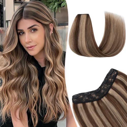 One Pieces Clip in Hair Extensions Human Hair Upgraded V-Shaped 5 Clips Long Hairpiece For Women,4P27 Medium Brown mixed Dark Blonde 20 Inch,70g