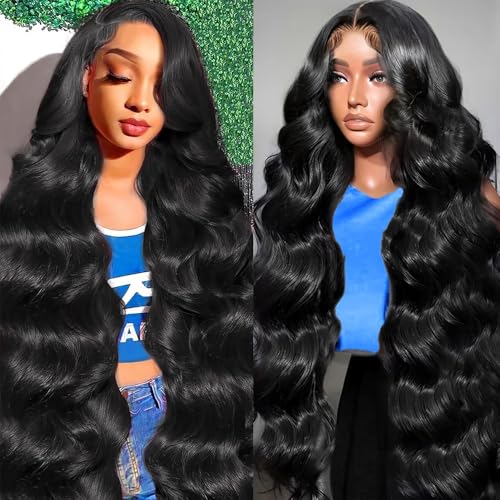 Real Human Hair Wigs 200 Density 13x6 Body Wave Lace Front Wigs Human Hair Pre Plucked HD Transparent Lace Frontal Wigs Natural Black Glueless Wig 34 Inch