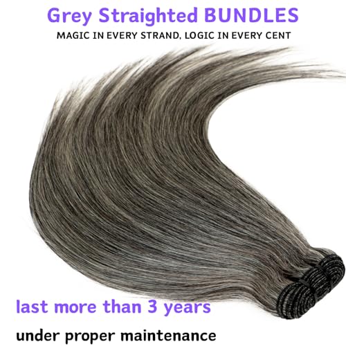 Salt and Pepper Bundles Human Hair 16 18 20 Inch Natural Grey Straight Bundles Human Hair 100% Unprocessed 12A Grade Brazilian Virgin Hair for Black Women