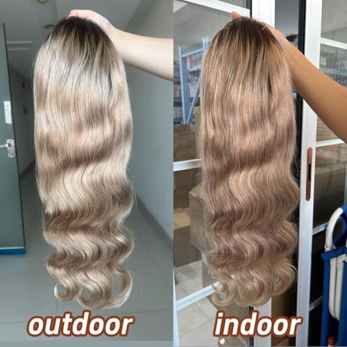 200% Density Milk Tea Ombre Ash Blonde Wigs Human Hair Pre Plucked 13x6 Body Wave Lace Front Wig for Women Hd Invisible Glueless Ombre Blonde Human Hair Wig 20 Inch