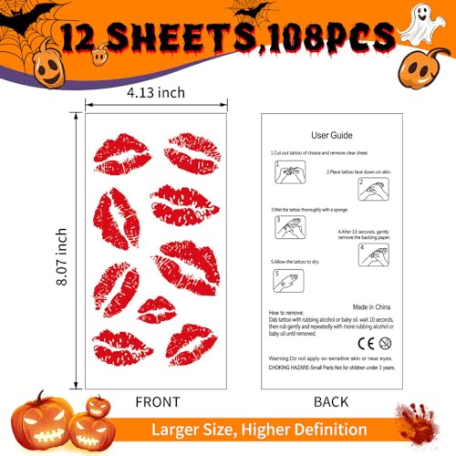 12 Sheets Kiss Tattoos Temporary Stickers, 108 Pcs Red Kiss Lip Print Waterproof Fake Tattoo for Women Girls Kids Face Body Halloween Valentine Gifts, Vampire Makeup, Party Favors, Decorations