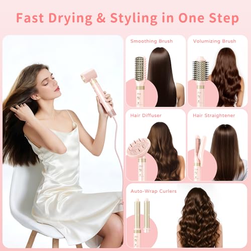 Hair Dryer Brush 8-in-1 Dual Voltage Hot Air Styler ? Fast-Drying 110,000 RPM Ionic Blow Dryer with Straightener & Curler Attachments, Frizz-Free Volumizing Styler with Protective Hard Case-Pink