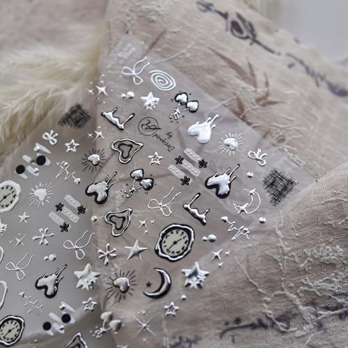 Silver Nail Art Stickers Heart Star Nail Decals with Metal Design 5D Embossed Self Adhesive Clock Nails Stickers Charms Supply for Women Girls Kid Manicure DIY Decorations