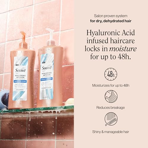 Suave Hyaluronic Infusion Moisturizing Shampoo, Long Lasting Hydration for Dry, Dehydrated Hair with Hyaluronic Acid, 28 oz Pump, 4 Pack
