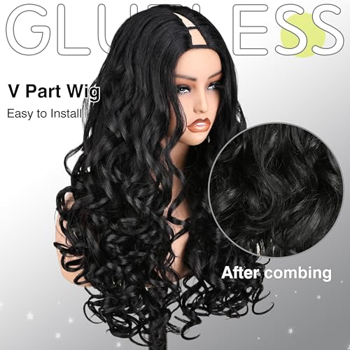SOKU Long Curly V Part Wig 22 Inch Natural Black Curly Half Wig Upgrade U Part Synthetic Hair Daily Wigs Ready to Wear Glueless for Black Women