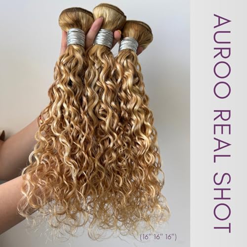 27/613 Ombre Blonde 3 Bundle Human Hair Water Wave 16/18/20 Inch, 13A Grade Highlighted Multi-Blonde Human Hair Wet n Wavy Curly Bundles 100% Raw Brazilian Silky Colored Hair Weaves Extension