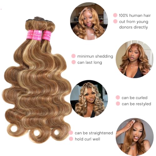 Bundles Human Hair Body Wave Hair Weft 18 20 22 24 Inch Raw Unprocessed 12A Virgin Human Hair Bundles Remy Hair Bundles Ombre Honey Brown Bundles Human Hair