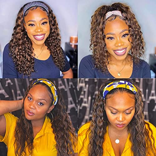 Rebasar Blonde Curly Headband Wig Human Hair Colored Highlight Deep Wave 26 Inch Headband Wigs for Black Women Brazilian Virgin Human Hair Glueless Wear and Go Ombre No Lace Front Wig 4/27 Brown