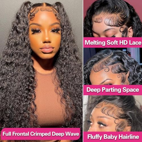 XVE 30 Inch Deep Wave Lace Front Wig Human Hair 13x4 Lace Front Wigs Human Hair Pre Plucked 200% Density Transparent Lace Frontal Curly Wigs For Women Glueless Wig Natural Black