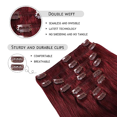 YILITE Clip in Hair Extensions Real Human Hair 8Pcs/Pack 120g Burgundy Straight Thick Invisible Remy Natural Hair Double Weft Clip Extensions for Women (20inches #99J Burgundy£©
