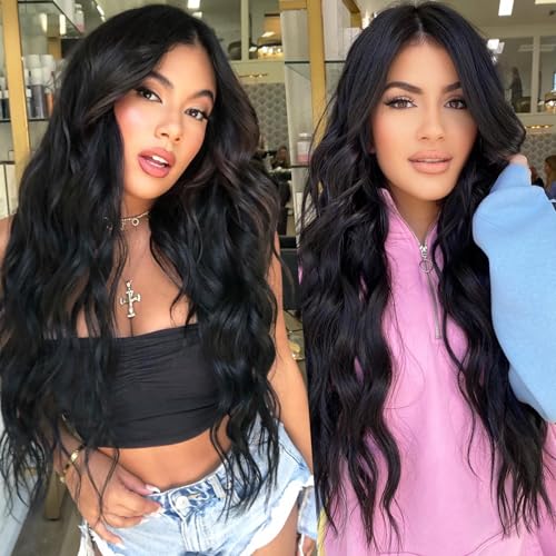 LEOSA Black Wig for Women,Long Wavy Layered Wig with Curtain Bangs 26 Inch Middle Part Curly Wavy Synthetic Wig for Daily Party Use,Natural Black