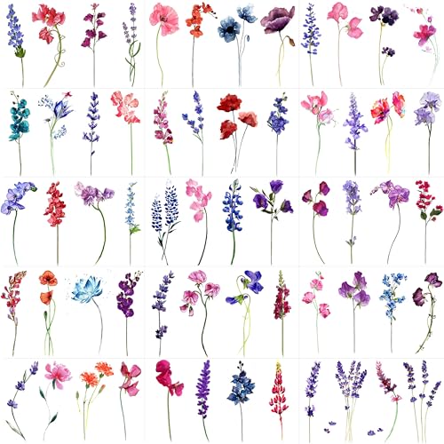 15 Sheets Watercolor Flower Lavender Temporary Tattoos For Women Adults, Water Color Tiny Wild Floral Tattoo Sticker, Fake Tattoos That Look Real And Long Lasting