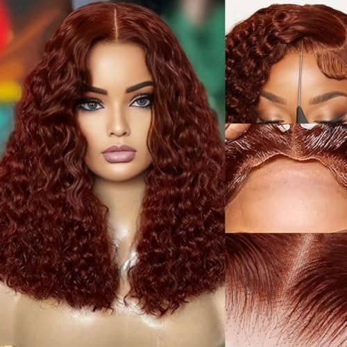 Reddish Brown glueless wigs human hair pre plucked pre cut Deep Wave 7x5 Wear And Go Closure Wigs Reddish Brown Lace Front Wigs Human Hair 180% Density Auburn Wig for Women 10 Inch