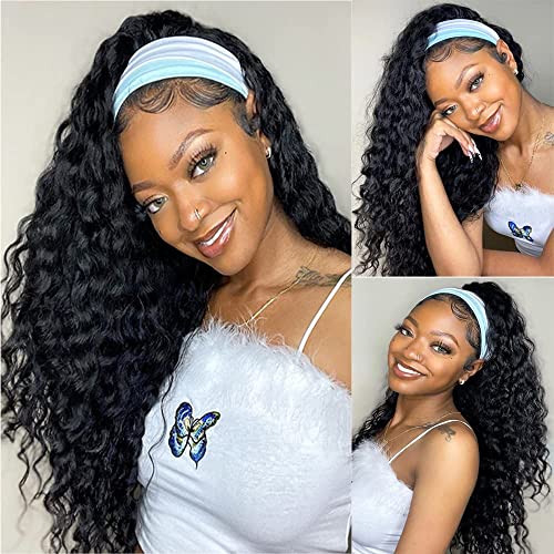 WENYAN Deep Wave Headband Wig Human Hair 26 Inch Wigs for Black Women Glueless None Lace Front Curly Wave Wig Brazilian Virgin Hair Wear and Go Wigs Machine Made 150% Densitys Natural Color
