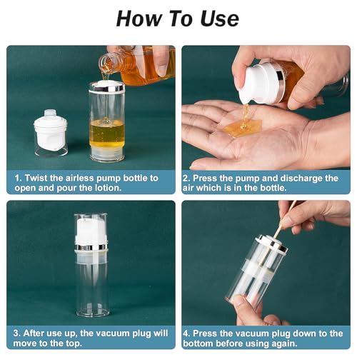 7 Pack Airless Pump Bottles 3.4oz/100ml Lotion Dispenser Travel Pump Bottles for Toiletries Airless Cosmetic Pump Container Airless Pump Jar for Toiletries Shampoo Cream with Labels(Clear)