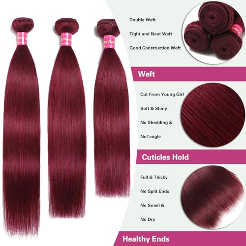 99j Straight Bundles with Closure Human Hair 12A Brazilian Raw Remy Human Hair Bundles and 4x4 HD Lace Closure Free Part Win Red Human Hair Bundles with Closure 20 22 24+20 Inch