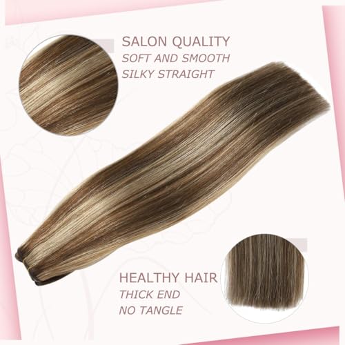 Sindra Weft Hair Extensions Chocolate Brown Mixed Caramel Blonde Sew in Extensions Real Human Hair 22 Inch 100g/pack Double Weft Silky Straight (wt#4p27 22inch)