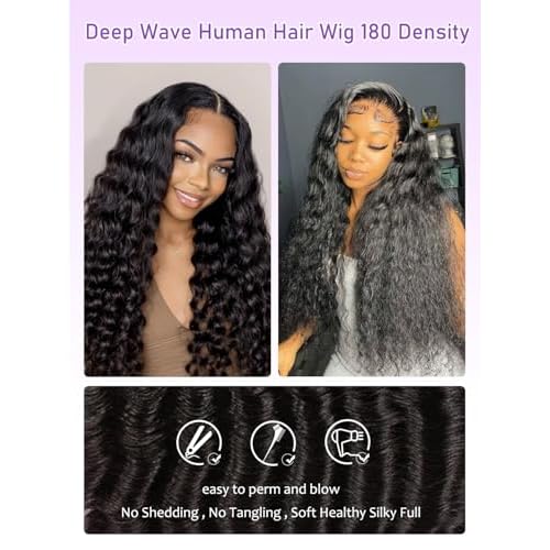 30 inch Deep Wave Lace Front Wigs Human Hair 13x6, 180 Density Soft Remy Virgin Human Hair Wig Pre Plucked with Baby Hair, Natural Color, Beginner-Friendly Daily Wear Suitable for Black Women