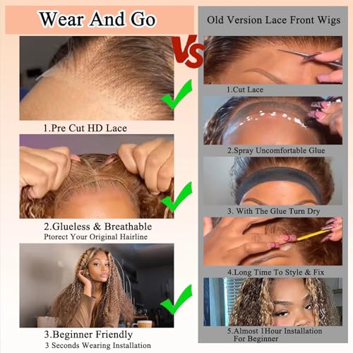 Ombre Highlight Glueless Wigs Human Hair Pre Plucked Pre Cut Curly Closure Wear and Go Glueless Wigs Human Hair Middle Part Balayage Water Wave Lace Frontal Human Hair Wigs for Black Women 4/27 22Inch