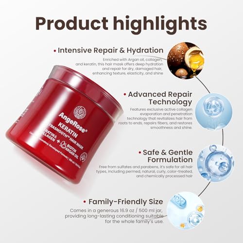 Keratin & Collagen Hair Mask with Argan Oil ? Deep Repair Conditioner for Dry, Damaged Hair ? Hydrating & Strengthening Treatment, 500ml (16.9 oz)